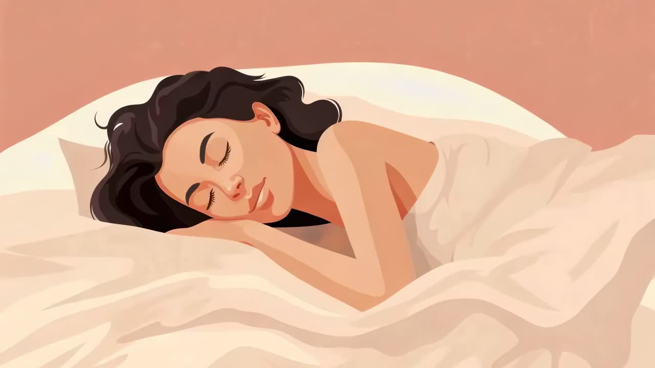 Illustration af en kvinde, der sover fredfyldt, set fra en høj engel. Stilen er blød og rolig.