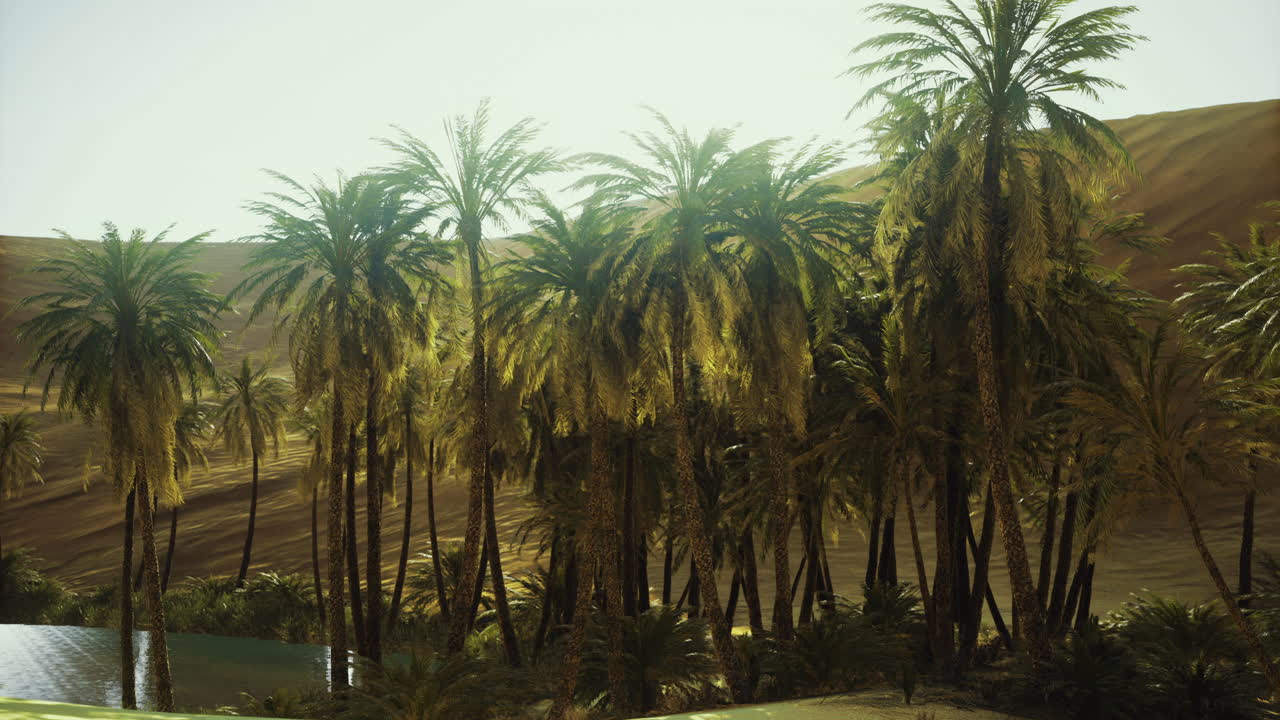 A vibrant oasis featuring tall palm trees surrounded by golden desert dunes