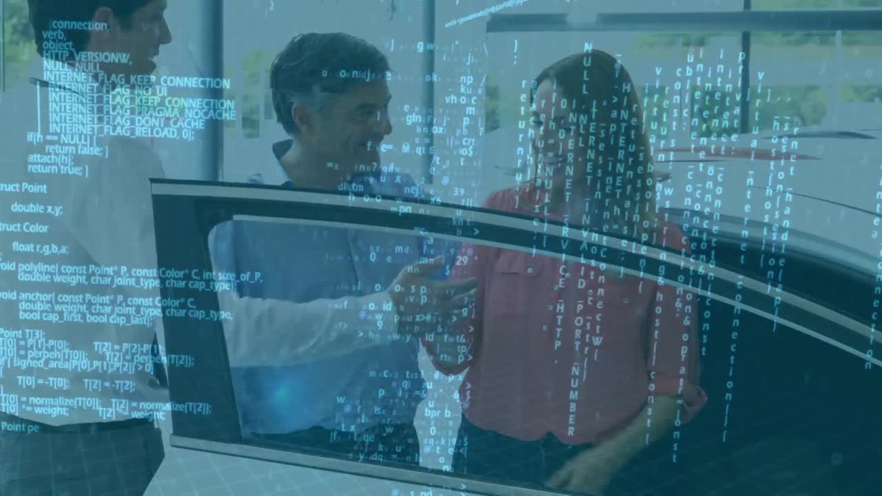 Animation of data processing over Caucasian couple standing by a car and talking to a Caucasian man