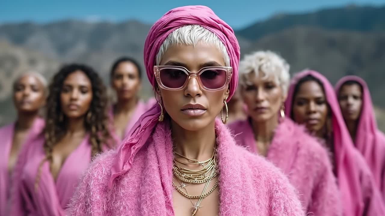 A woman in a pink fur coat and sunglasses standing in front of a group of women