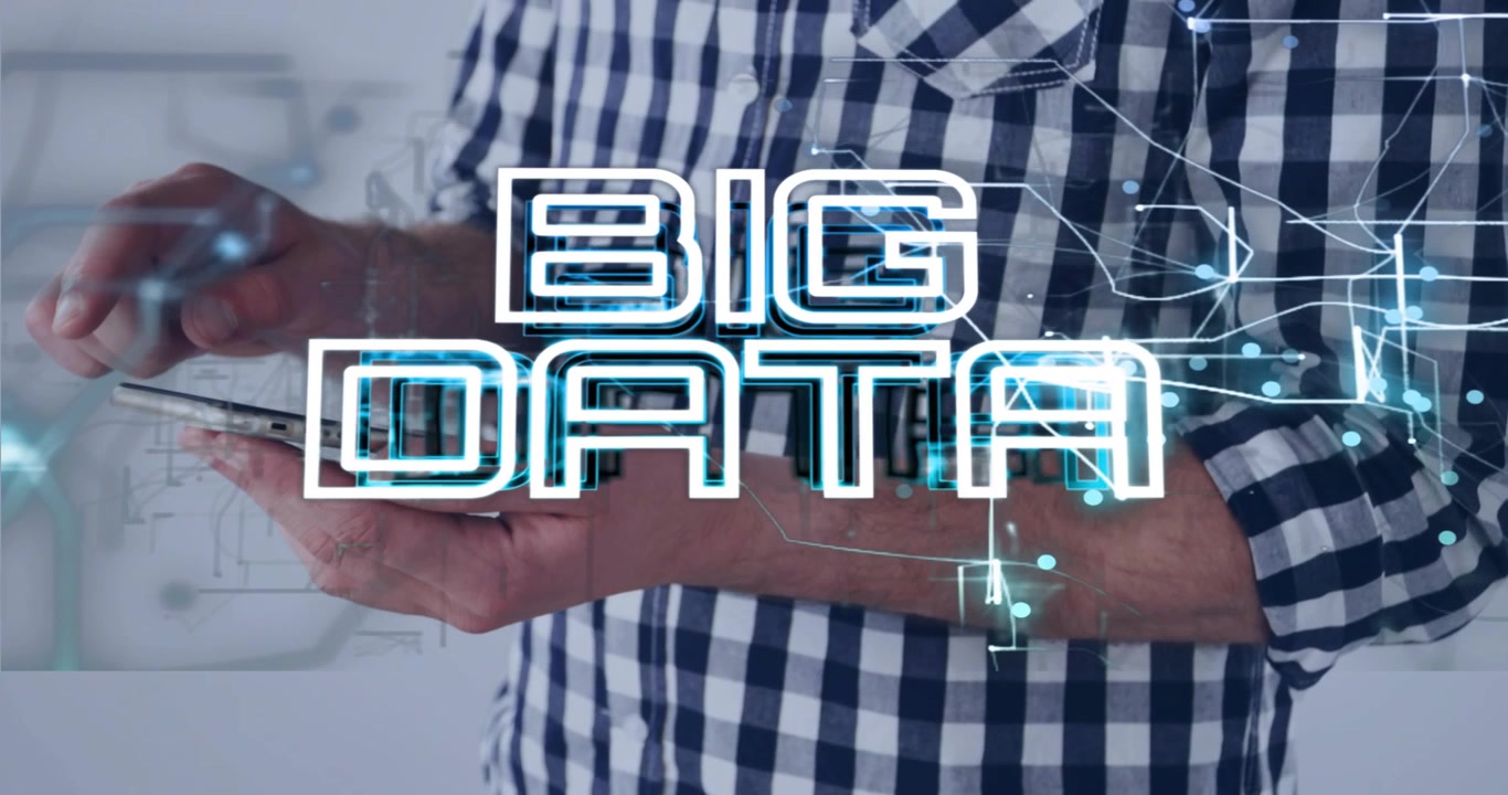 Man holding smartphone tapping screen, animating BIG DATA text and hologram nodes showing data flow