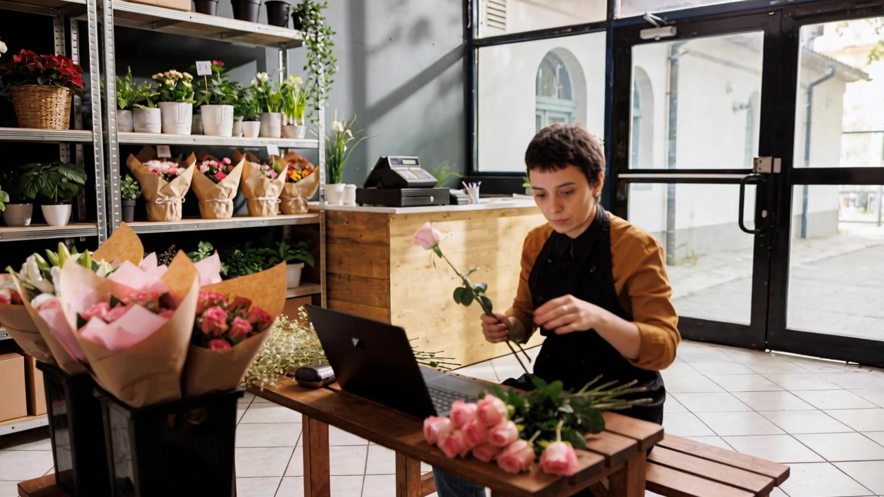 Controllando un ordine sul laptop, una fiorista con un grembiule scuro e un top marrone sistema rose rosa sul bancone del negozio.