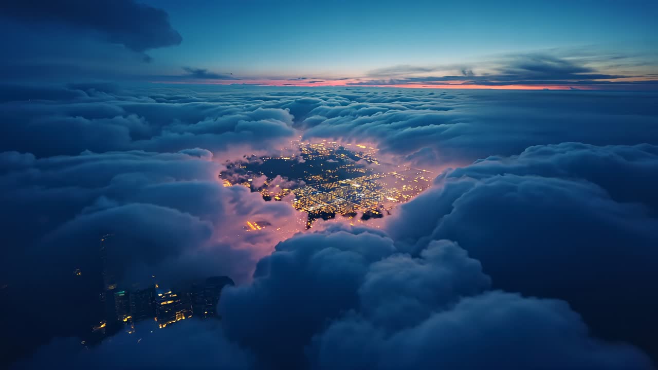 Pulling drone camera revealing lit urban clearing at twilight, exposing city grid, cloud banks
