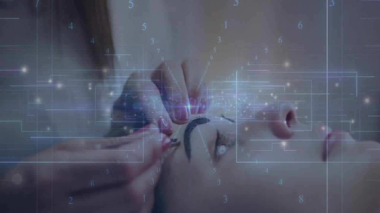 Technician moving microblading pen to brow applying strokes guided by beauty hologram for shaping