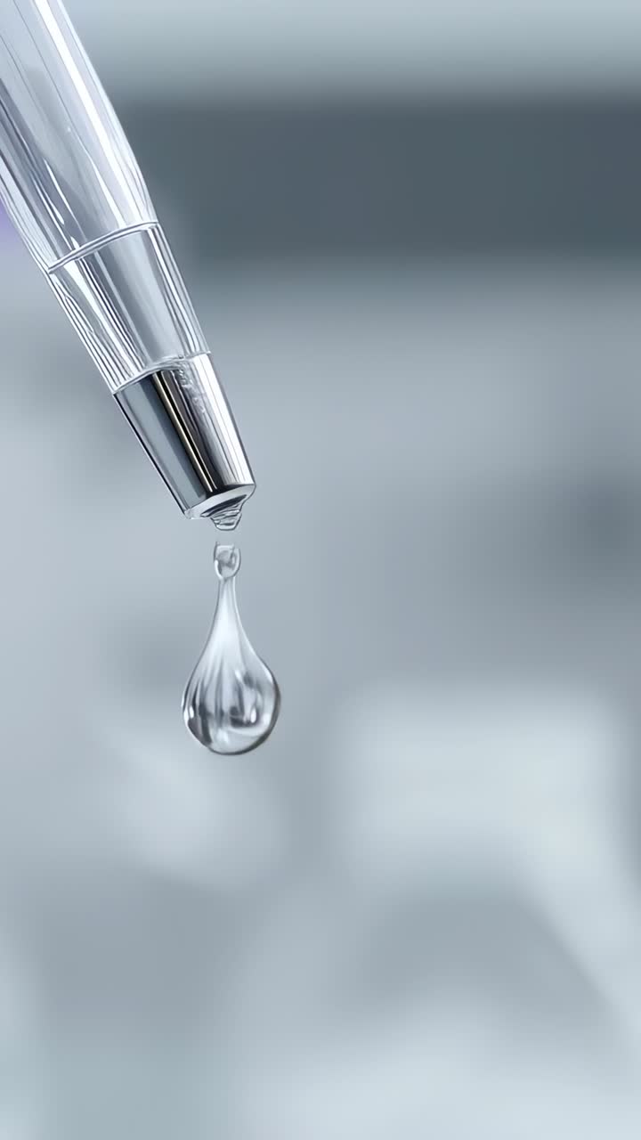 Vídeo vertical: Aumenta la tensión, la punta de la pipeta libera una gota en el laboratorio, gota satélite, espacio para texto