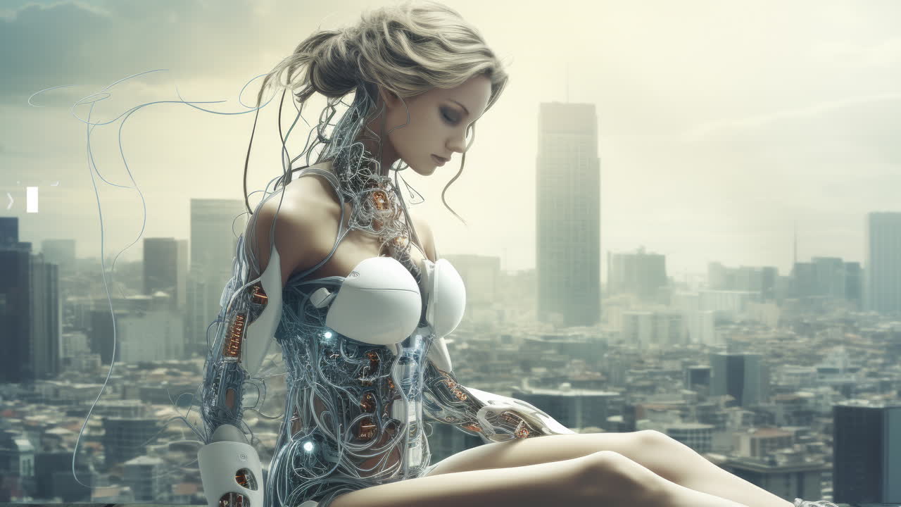 robot cyborg en el paisaje urbano distópico hecho con arte generativo ai