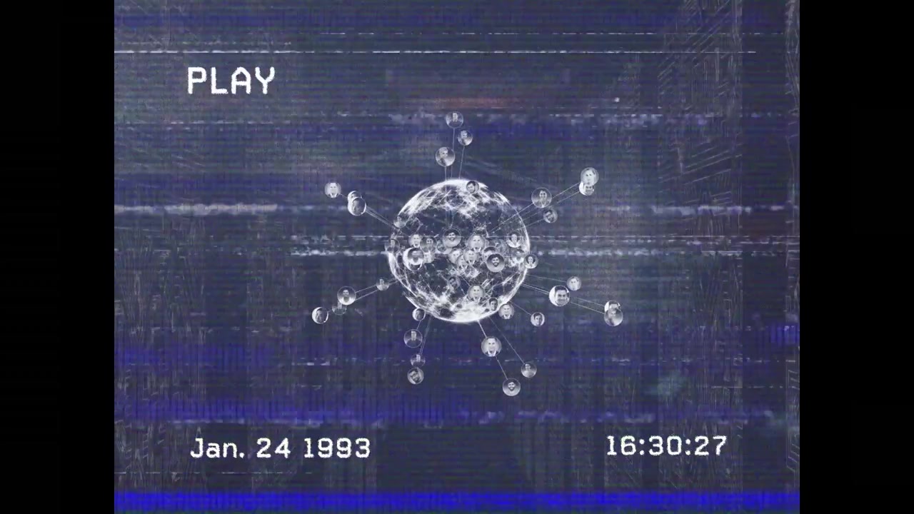 Animazione di un glitch su un video vintage di un globo e icone su server.