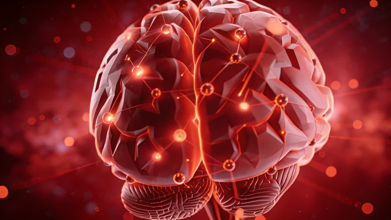 Roterende stilisert hjernemodell viser lillehjernen via kameraskifte, noder pulserer som signaliserer aktivitet