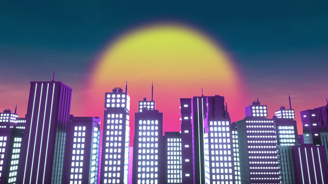 네온 시티의 레트로 웨이브 스타일 애니메이션 (vj synthwave loop 3d 뮤직비디오 애니메이션)