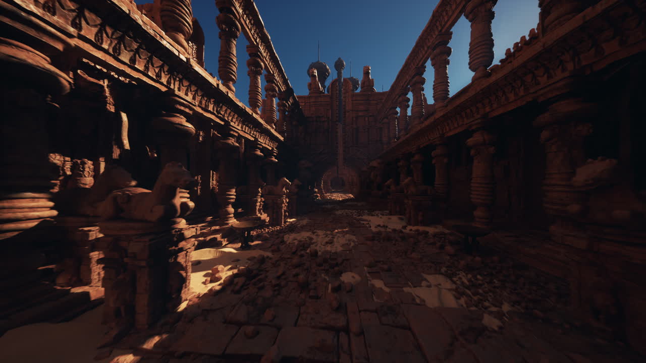Sala di un tempio desolato sotto un caldo tramonto che illumina la pietra erosa