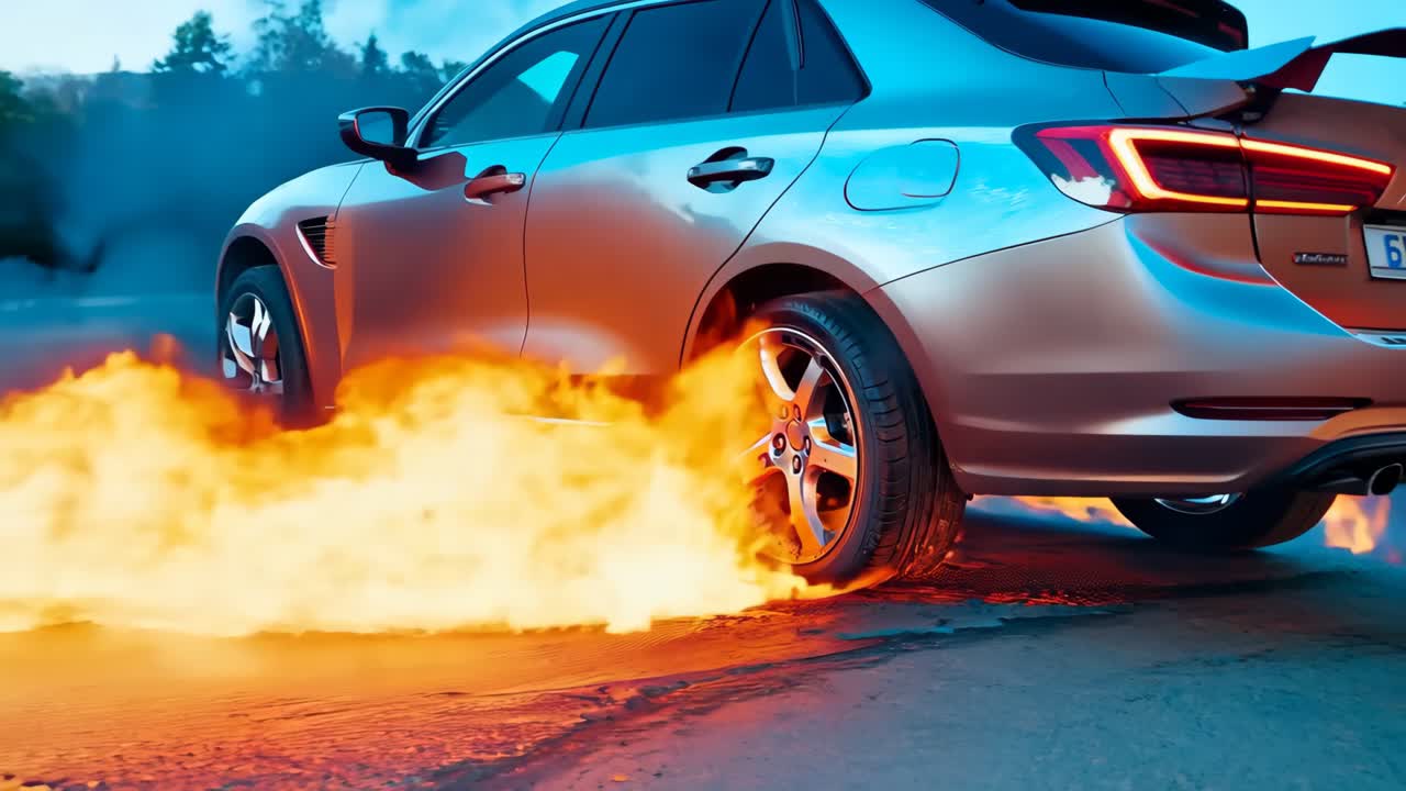 도로 에 불타는 차