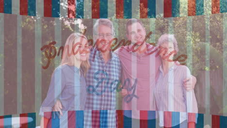 superposición del diseño de la bandera estadounidense contra el retrato de una familia caucásica sonriendo de pie en el jardín