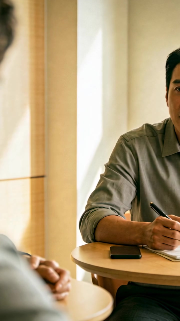Vertical video: Writing Asian man in shirt at round table while colleague speaks with pen notebook