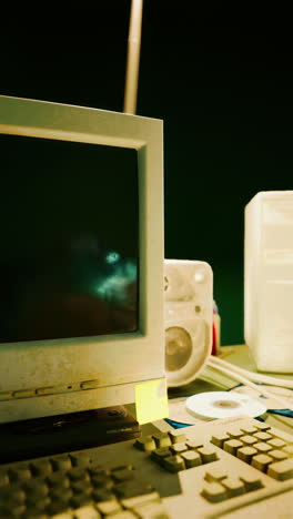 vieja computadora en un escritorio con monitor, teclado, cd-rom y módem