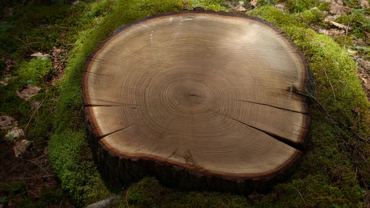 A large tree stump fills the center of the frame, showing detailed growth rings and rough bark edges on a moss-covered forest floor with scattered green