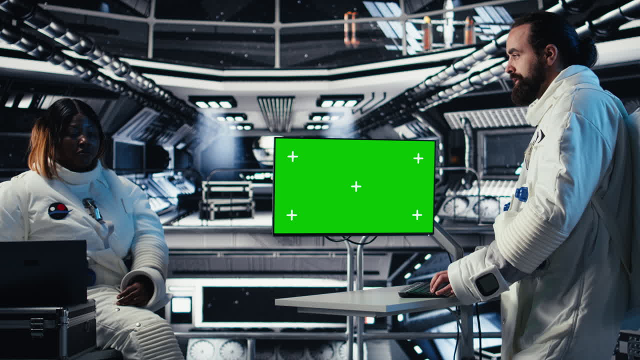 Researchers flying together in starship, looking at green screen monitor