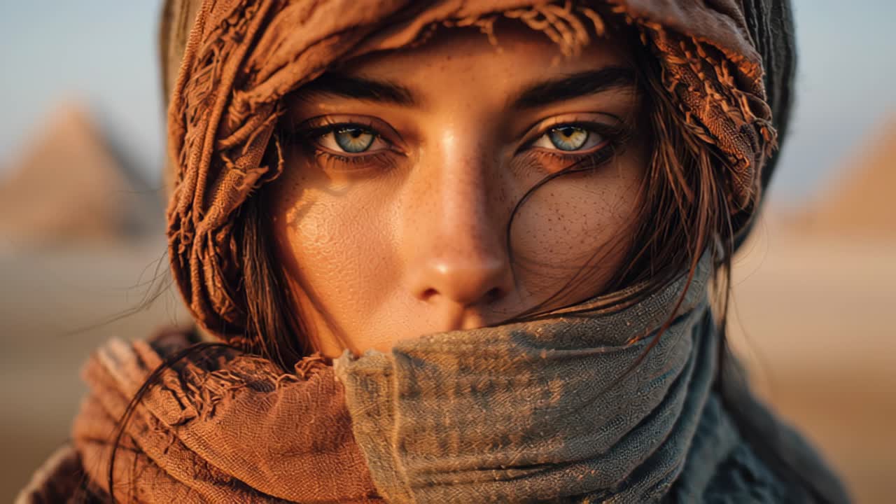 Riprese cinematografiche in primo piano di una giovane donna che indossa un foulard da deserto, con sguardo intenso e capelli mossi dal vento, con piramidi sfocate sullo sfondo all'ora d'oro.