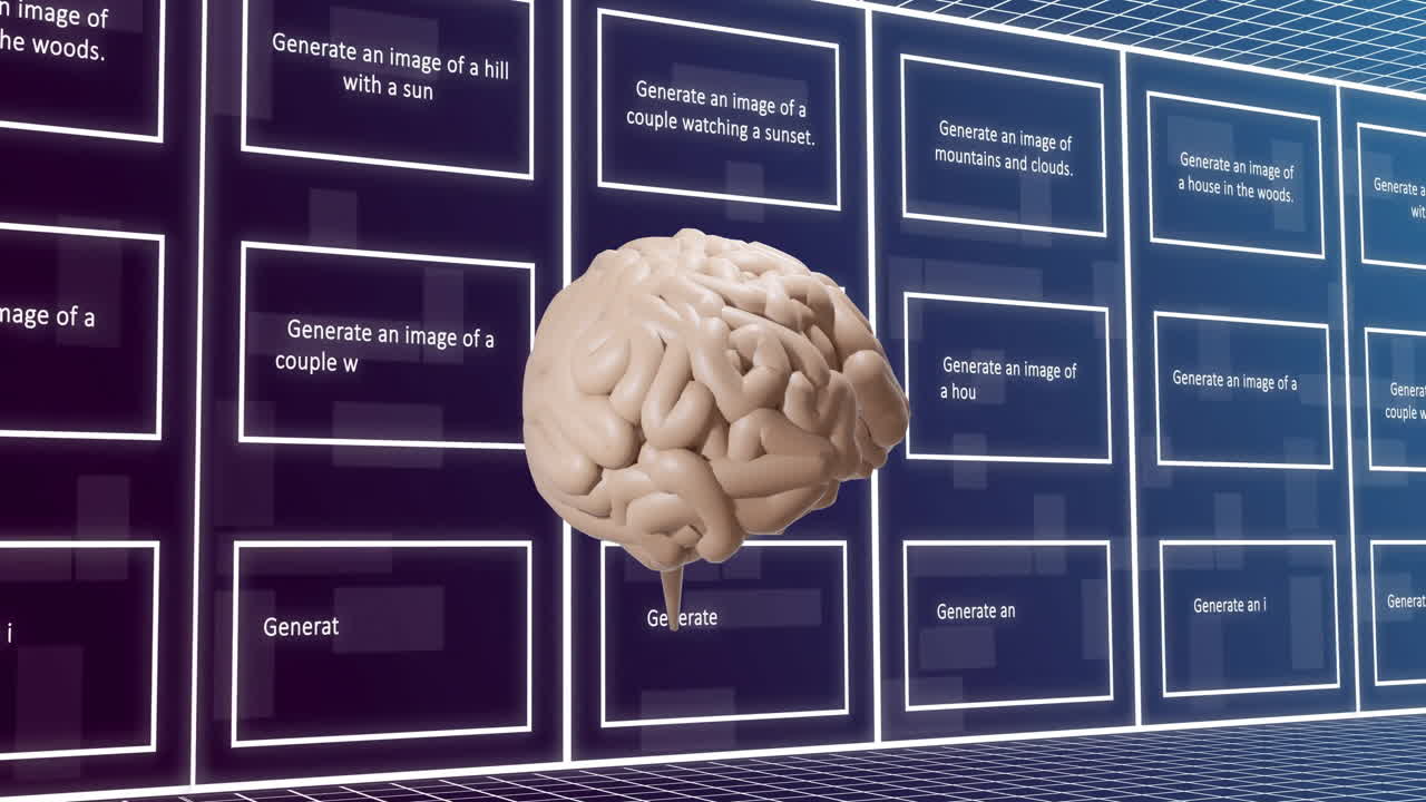 animación de un texto, cerebro y procesamiento de datos sobre un fondo oscuro