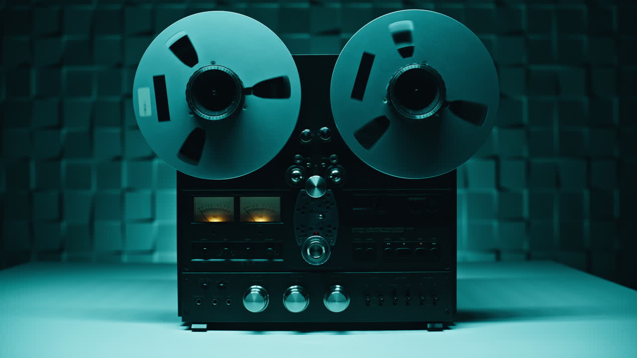 Classic tape machine working smoothly in studio neon light closeup. Man hand