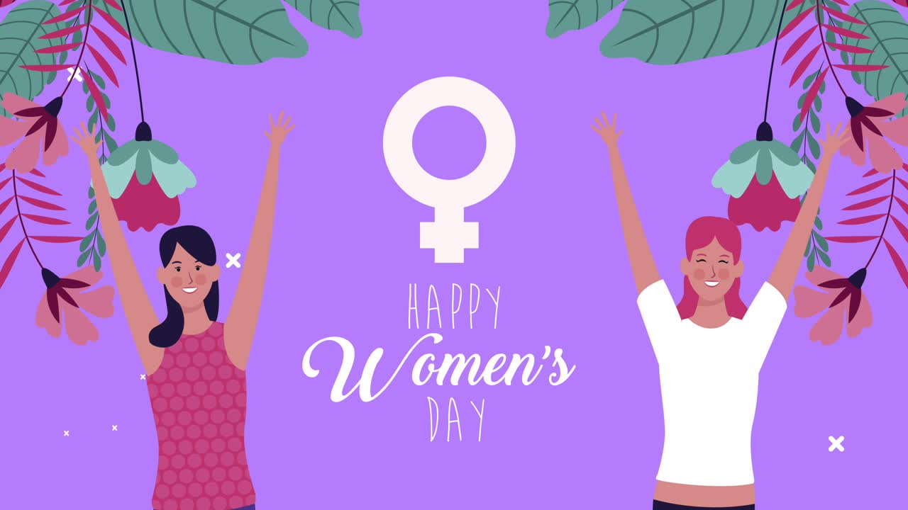 축하하는 소녀와 여성 성 기호와 함께 행복한 여성의 날 글자 카드