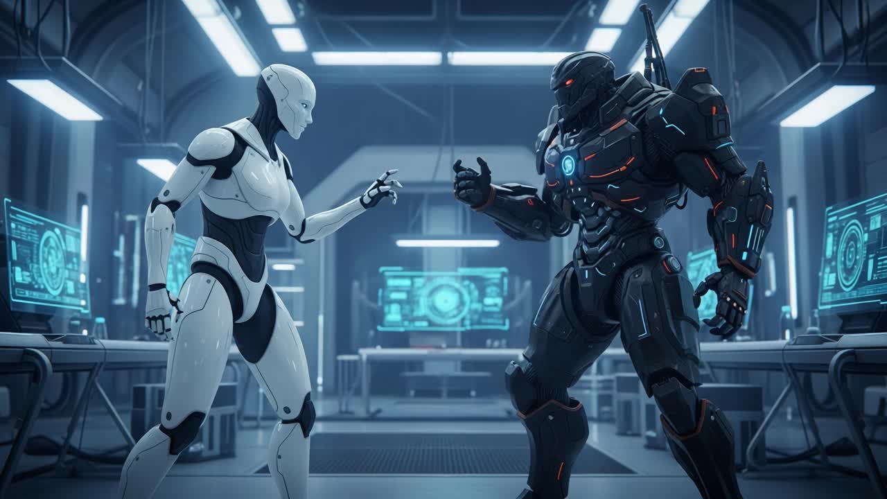 A Tense Encounter Between Two Advanced Robots in a Futuristic Laboratory Setting Highlights the Complexity of AI Interaction and the Future of Robotics Technology.
