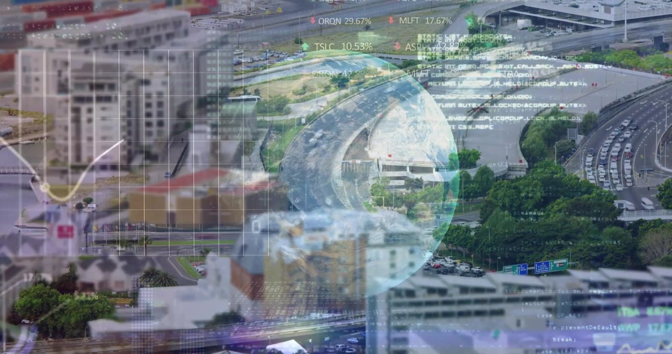 Digital globe floating over urban highways showing stock ticker and code grid in flat design