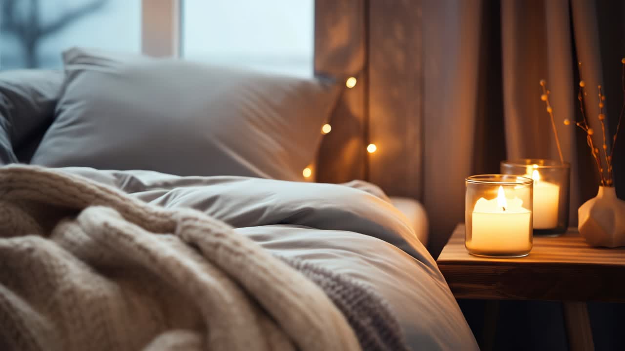 Cozy bedroom scene with warm lighting, featuring candles and a knit blanket