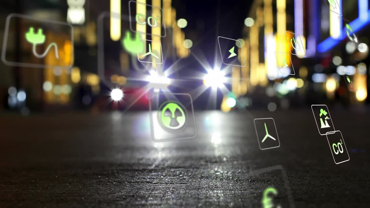 도시의 거리에서 움직이는 차량의 낮은 각도 뷰를 통해 여러 아이콘의 애니메이션