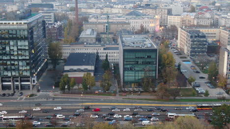 Aerial-drone-view-of-city-in-a-rush-hour-during-the-day