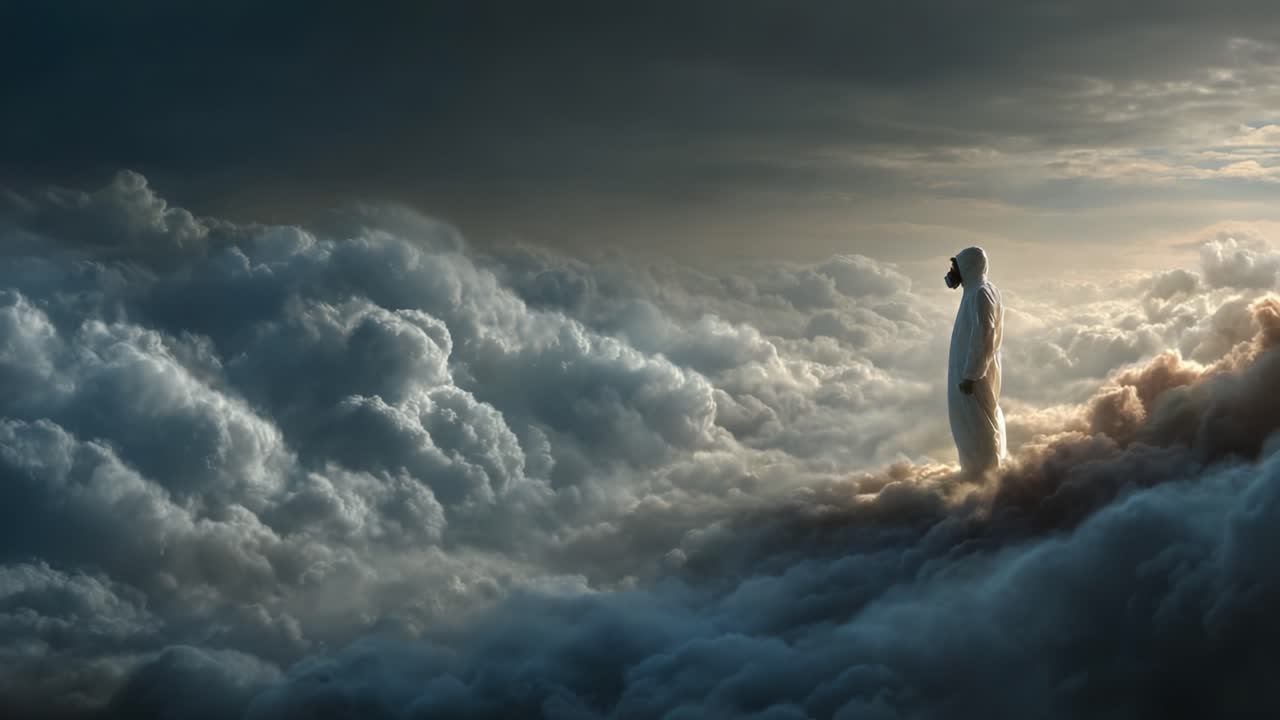 Una figura serena in piedi in un paesaggio nuvoloso onirico, avvolta da nuvole morbide e ondeggianti che evocano un senso di tranquillità e introspezione in un'atmosfera celestiale.