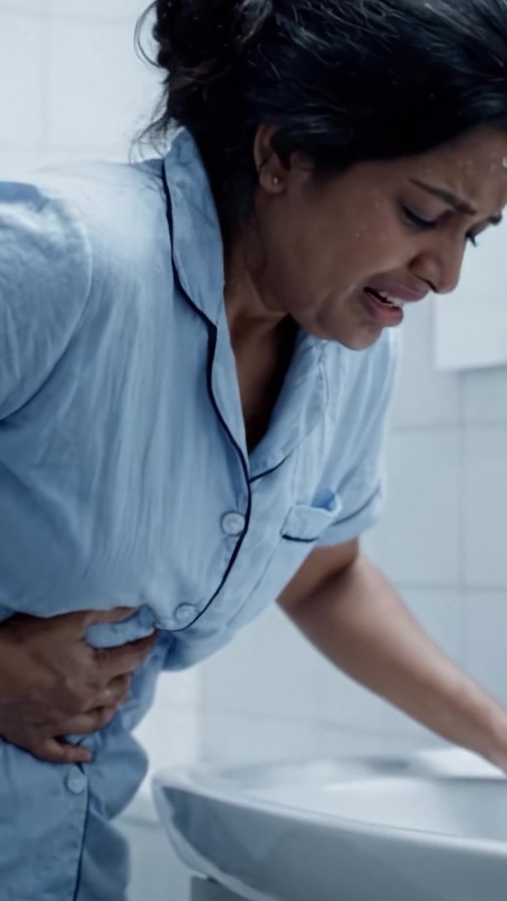 A woman in a blue nightgown, experiencing pain and distress, clutches her stomach in a bathroom, highlighting a moment of struggle and emotional turmoil.