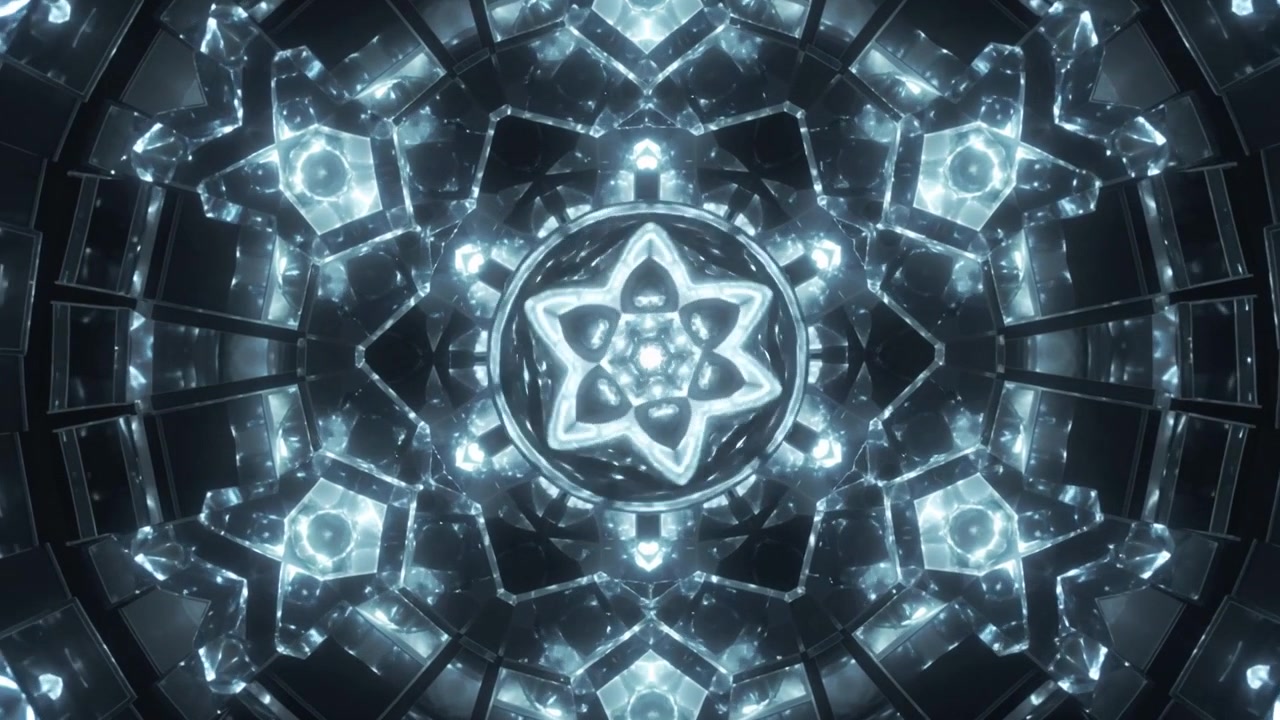 Morphing central hex star responding to frame change, rotating in circular dome with metallic ring