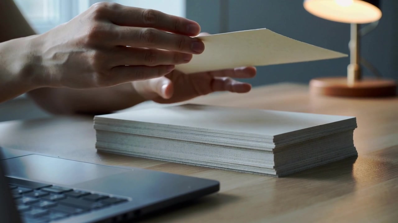 Hands sliding under corner, peeling paper stack, lifting, replacing and sorting at desk with laptop
