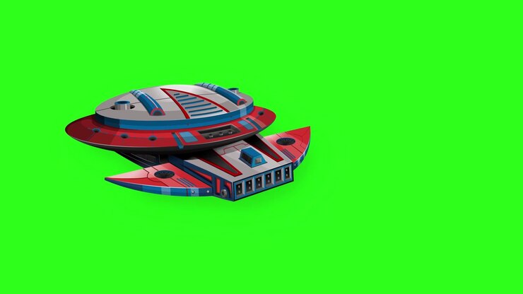 Diverse fargerike futuristiske romfartøy driver og roterer over en lys grønnskjermbakgrunn