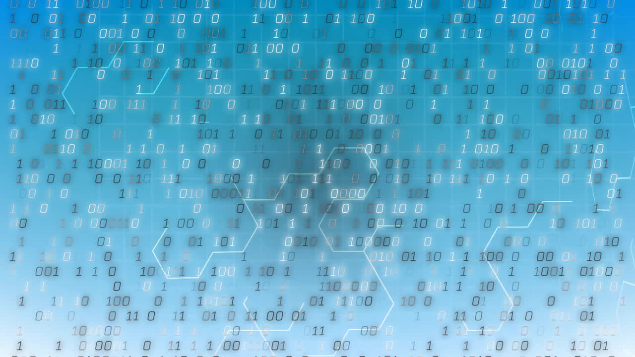 código binario y formas hexagonales, animación de procesamiento de datos sobre fondo azul