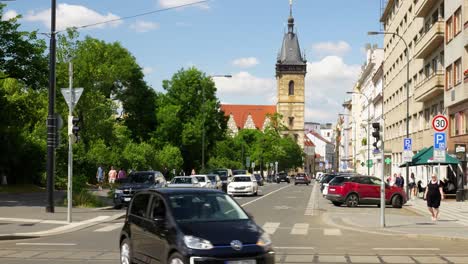 prague city street scene with traffic and buildings