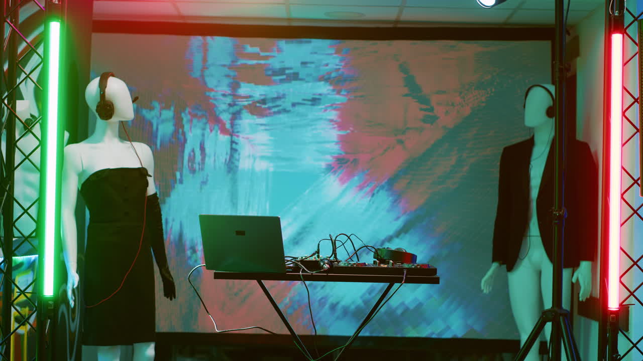 DJ booth with mannequin and lighting display