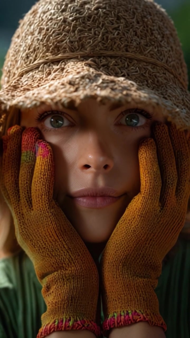 Un ritratto ravvicinato di una donna che indossa un cappello di paglia e guanti colorati, che mette in mostra i suoi occhi espressivi e i lineamenti delicati del viso in un ambiente naturale all'aperto