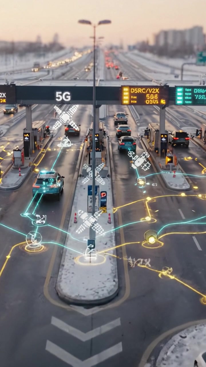 Un casello urbano futuristico con veicoli ad alta tecnologia, analisi in tempo reale e connettività digitale in un ambiente innevato al tramonto.