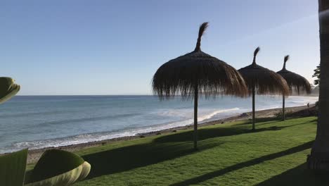 Beautiful-beach-view-with-palm-trees-and-sea-with-sunny-weather-and-blue-sky-in-Marbella,-Spain