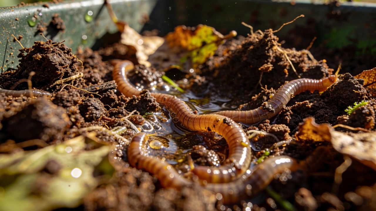 Wriggling earthworms stretching, sliding across wet soil in green rim tray after rain, with puddles