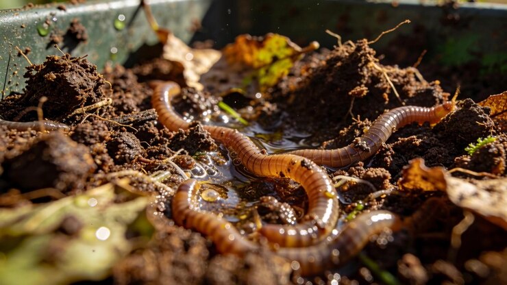 Lombrichi che si contorcono, si allungano e scivolano sul terreno bagnato in un vassoio con bordo verde dopo la pioggia, con pozzanghere.