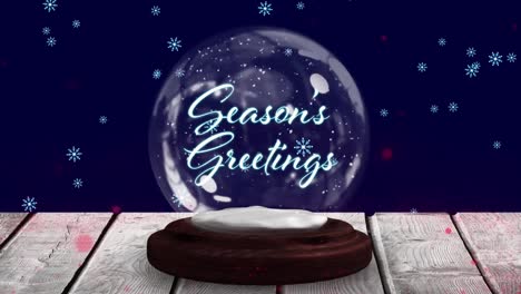 animation of christmas greetings in snow globe on wooden boards, shooting star and snow falling