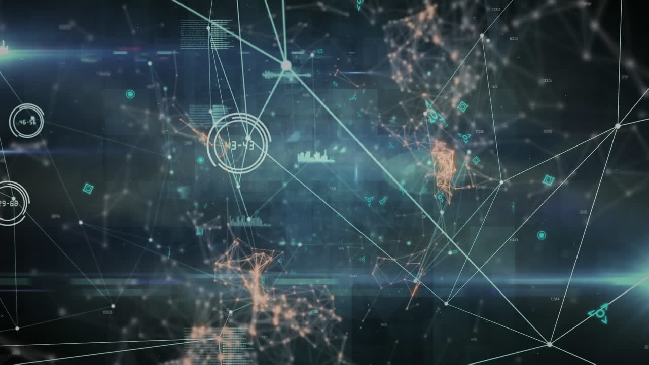 Animation of spinning globe, data processing and network of connections against black background