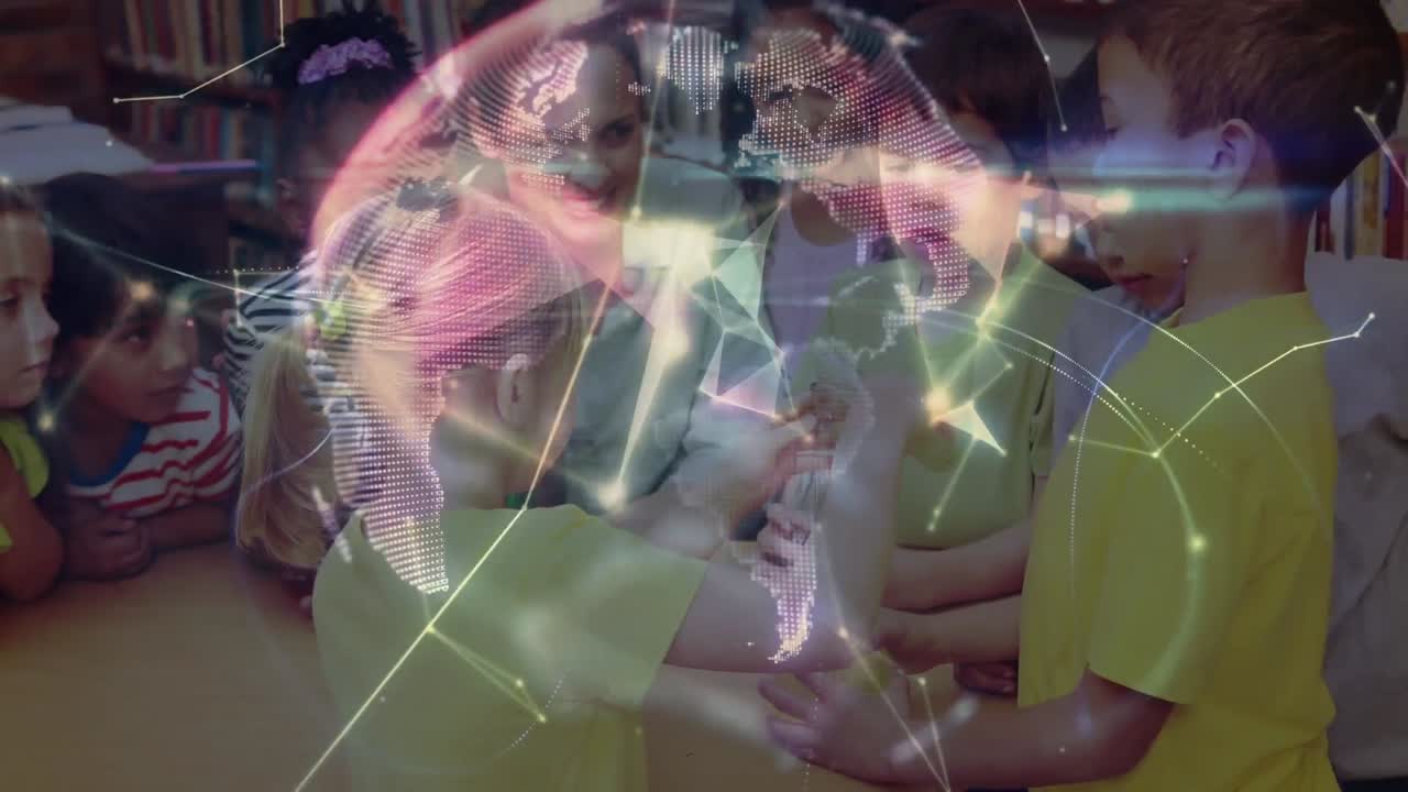 animación del globo digital sobre diversos maestros y escolares durante la clase de química