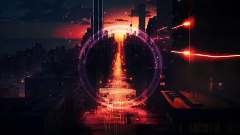 futuristic cityscape at dusk with digital light trails and glowing elements