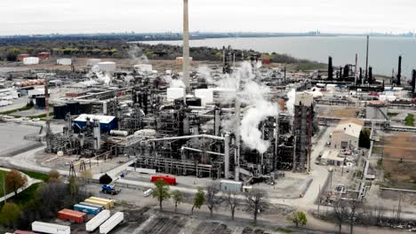 establishing shot of an oil, petroleum, gas refinery.