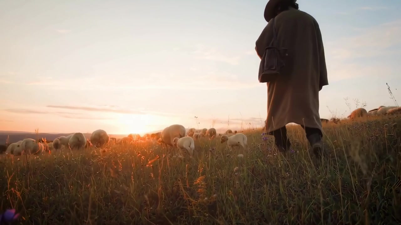 Pastore che raduna un gregge di pecore in un campo al tramonto
