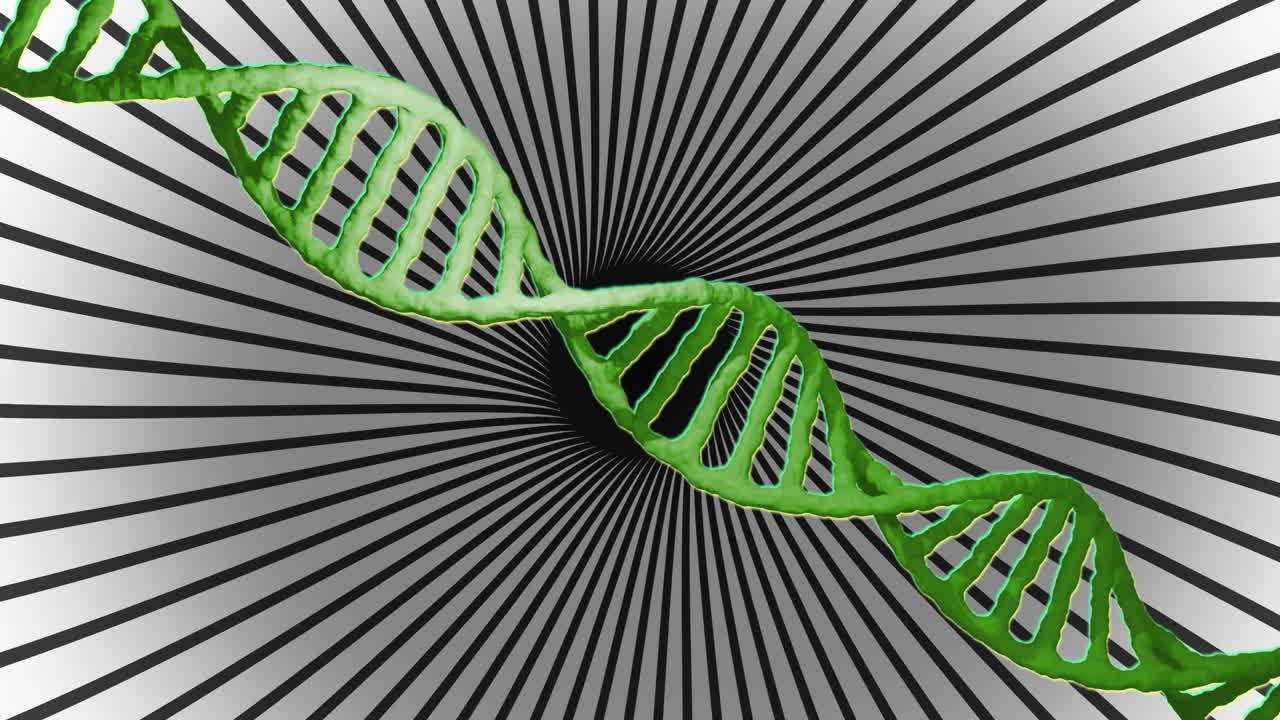 Animazione di un filamento di DNA ed elaborazione dati su strisce rotanti.