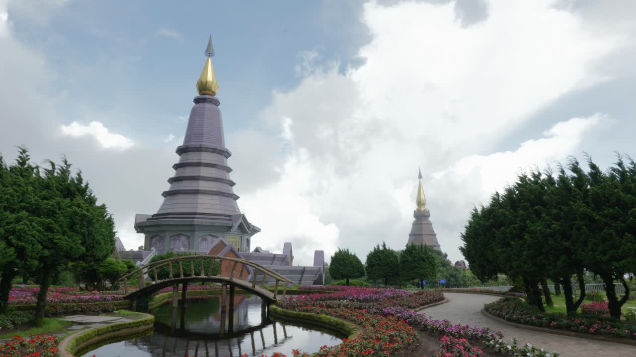 Footage of the King and Queen Pagodas at Doi Inthanon National Park in Thailand on a Sunny Day